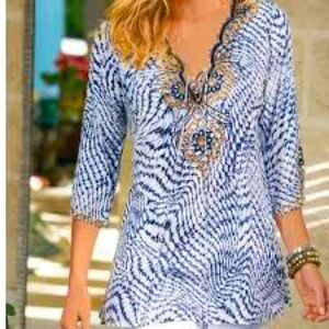 Soft Surroundings South Beach Gold Beaded Navy Blue Tunic Cover Up Blouse